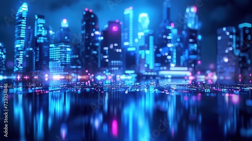 Urban Night Lights in Blue Cityscape with Skyscrapers and Technology-Inspired Architecture.