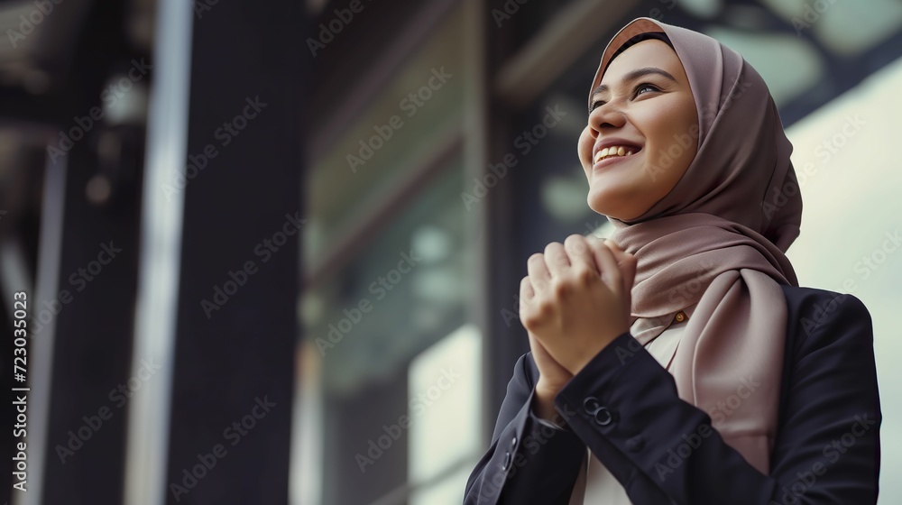 Celebrating Success, Expressive Muslim Woman in Hijab Celebrating Success, Expressive Muslim Woman in Hijab