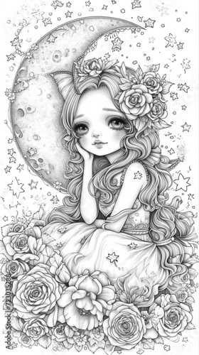 A girl sitting on the moon with roses in her hair
