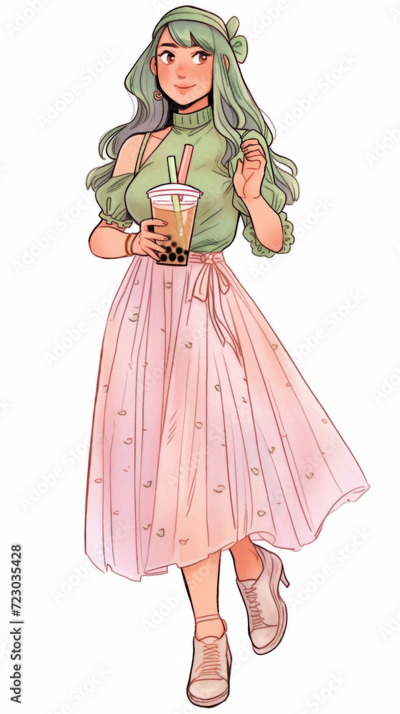 A woman in a pink skirt holding a drink A woman in a pink skirt holding a drink