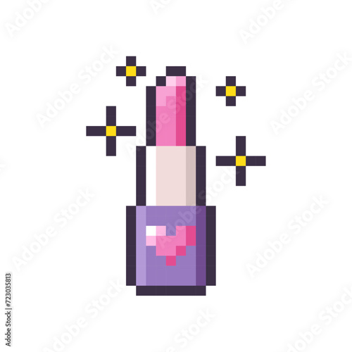 Pink lipstick isolated on white background. Makeup product icon. Cute lip balm with heart. Vector pixel art illustration in 8-bit old style.