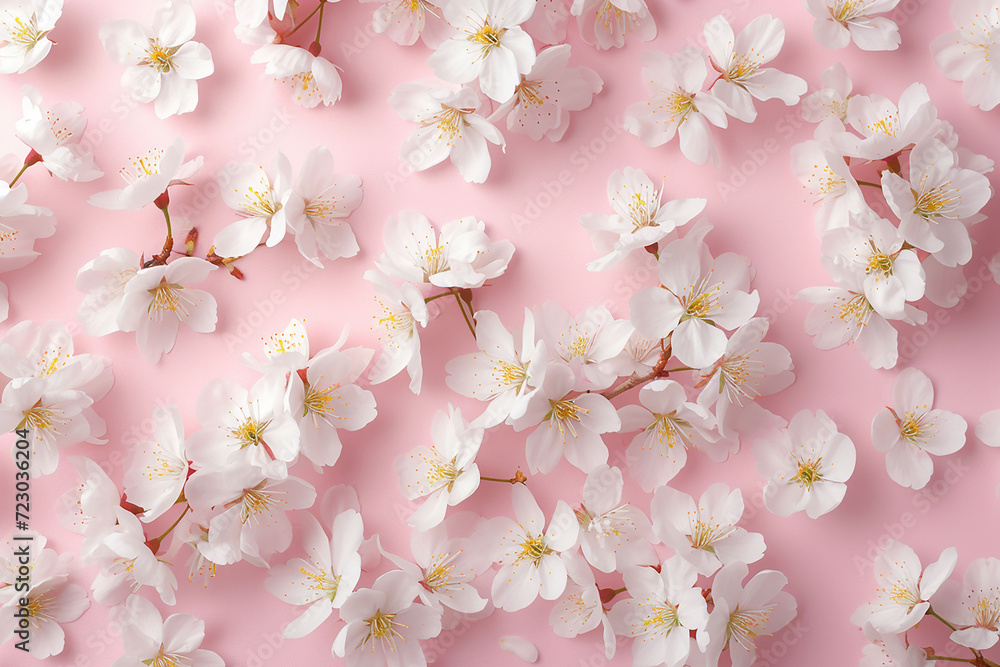 Beautiful white sakura flowers on color pink background, top view. Floral spring pattern