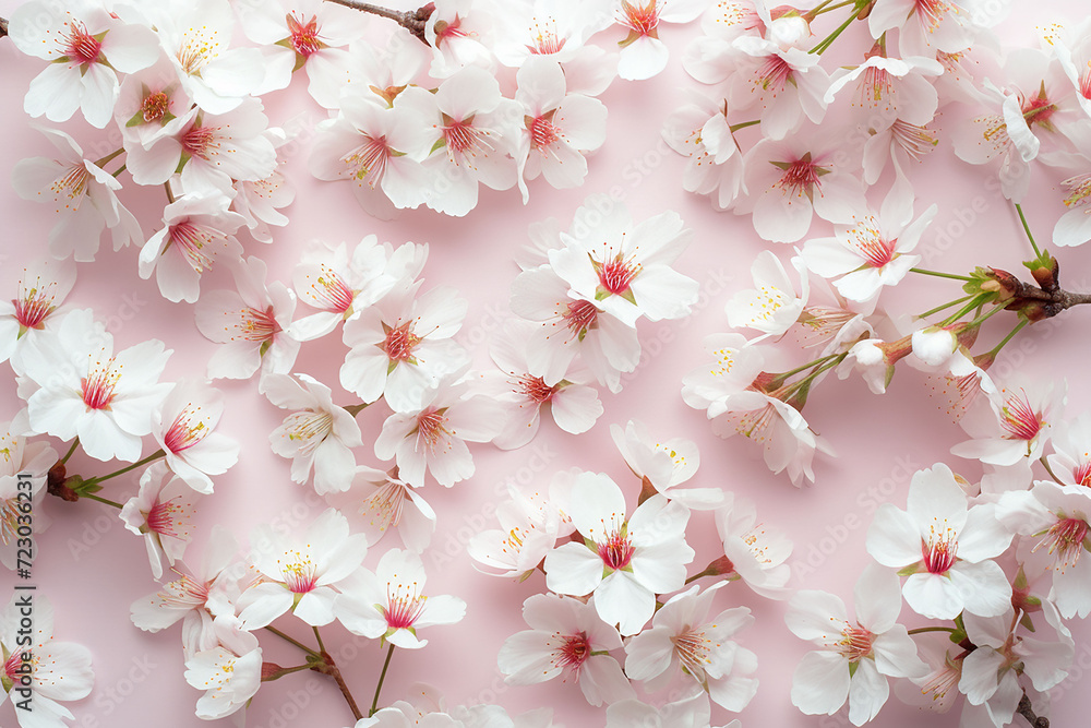 Blossom in spring. Cherry blossom flowers on pastel pink background. Flat lay, top view Blossom in spring. Cherry blossom flowers on pastel pink background. Flat lay, top view