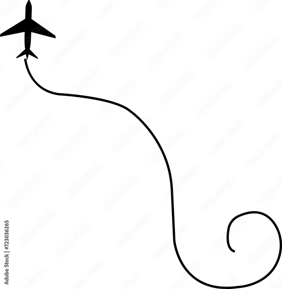 Travel concept from start point and line tracing icon . Airplane or aeroplane routes path. Aircraft tracking plane path, travel, map pins, location pins. Black vector zigzag road