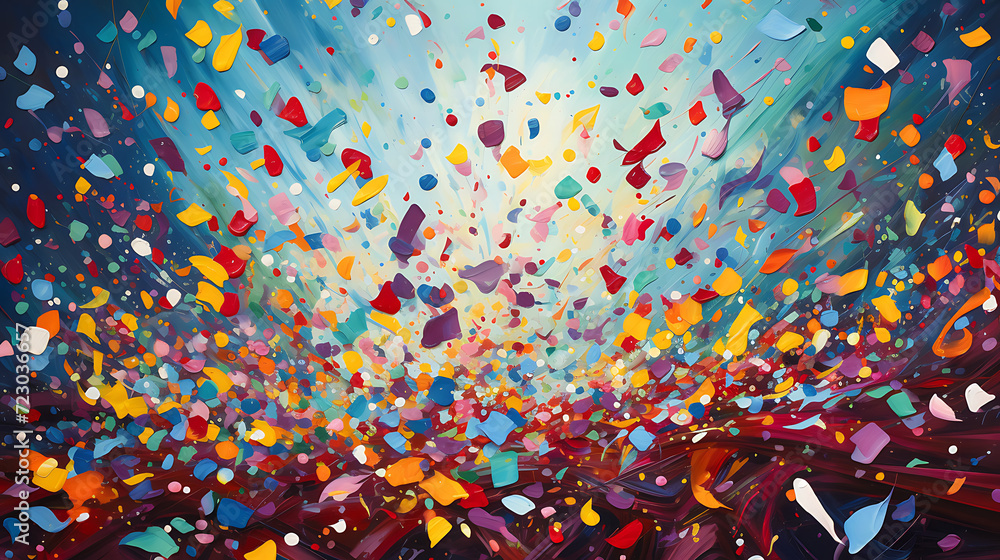 
Colorful confetti rains down from above, creating a lively and festive atmosphere. The celebration is palpable, and each piece of confetti carries the joy of the moment - obrazy, fototapety, plakaty 