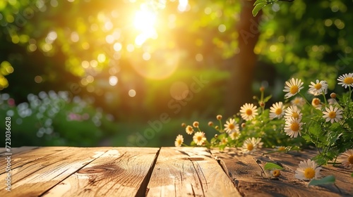 Summer or springtime abstract with wood table and background of sunlight.