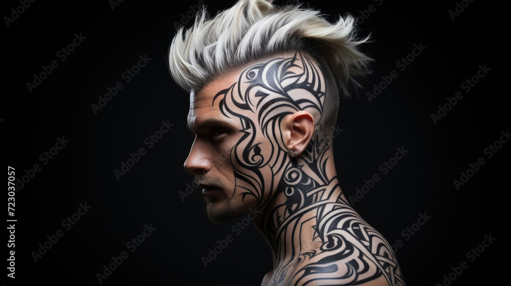 Modern Tribal Art: Man with Undercut Hairstyle and Bold Tattoo Design - Ink Your Identity, Ai Generated Modern Tribal Art: Man with Undercut Hairstyle and Bold Tattoo Design - Ink Your Identity, Ai Generated