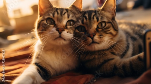 Two cute funny cats take a selfie. Neural network AI generated art © mehaniq41