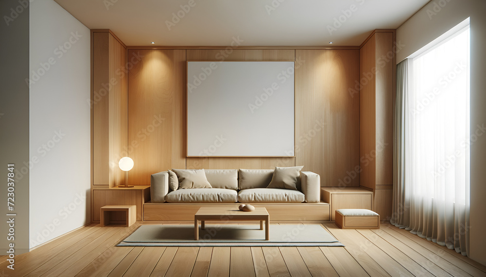 Fototapeta premium Stanza minimal color legno e bianca, con divano e tavolino