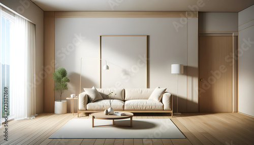 Stanza minimal color legno e bianca, con divano e tavolino photo