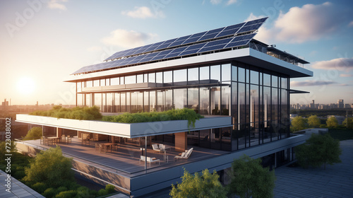 Solar panels installed on office building, green technology, go green