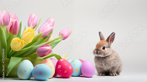 Adorable Easter Bunny with Painted Eggs and Tulip Bouquet © M.IVA