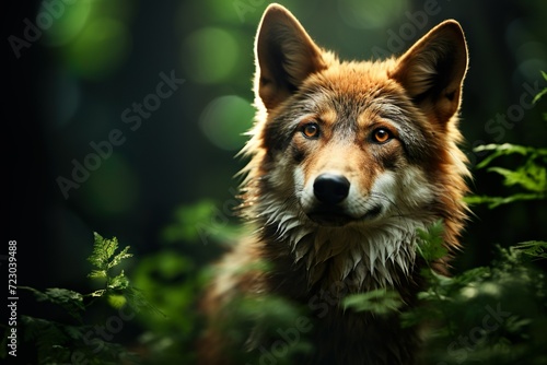 close up shot of wolf in forest generative ai