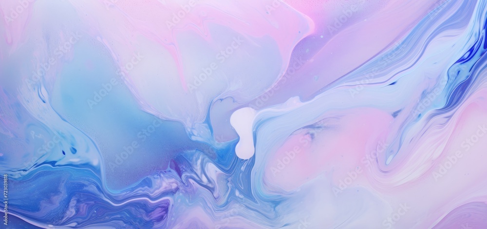 This close up photo showcases the intricate details of a fluid painting in shades of blue and pink.