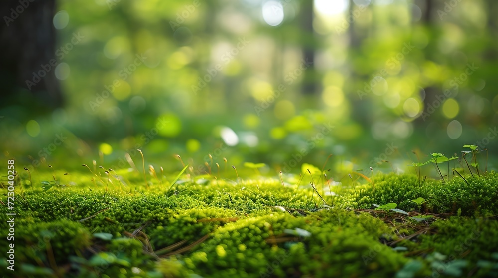 Bokeh-style green moss in a vivid forest clearing on a natural background. Bokeh-style green moss in a vivid forest clearing on a natural background.