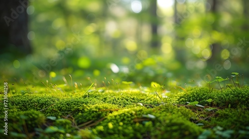 Bokeh-style green moss in a vivid forest clearing on a natural background.