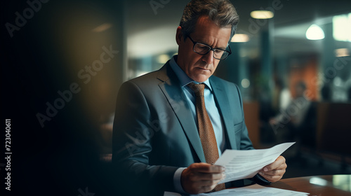  a businessman reading a contract in closeup. The image reflects the seriousness and meticulous attention to detail as the businessman engages in thorough document review