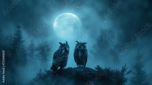 Foto Owls in Moonlight, Mystical shot of owls perched against a moonlit sky, ideal fo
