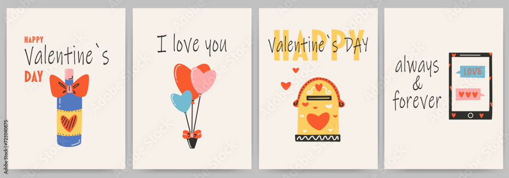 Postcards templates set for Saint Valentine's day, 14 february. Hand drawn cards with wine, balloons, mailbox, smartphone, heart, text. - obrazy, fototapety, plakaty 