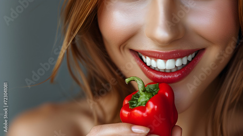 close up of a woman eating a red pepper, generative ai photo