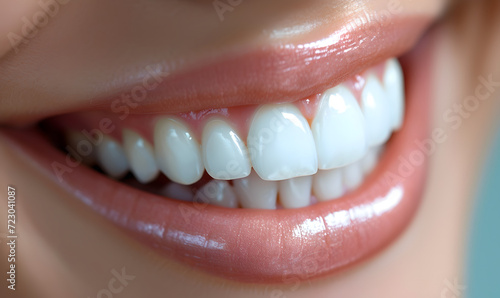 a woman with pink lips and white teeth	
 photo