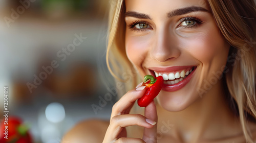 close up of a woman eating a red pepper, generative ai #723041091