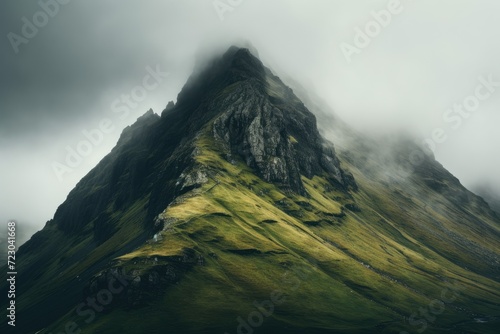 A towering green mountain stands prominently under a cloudy sky, creating a striking and dramatic landscape.