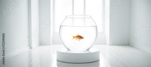 boccia in vetro con acqua e pesciolino rosso in una grande stanza bianca e luminosa vuota photo