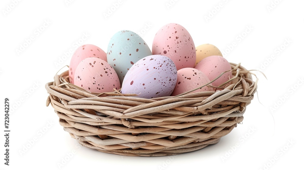 A wicker basket overflowing with colorful Easter eggs on white background.