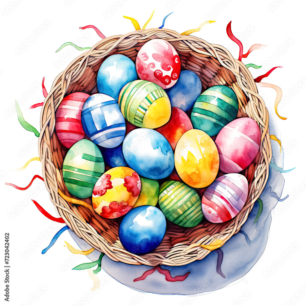 Fototapeta premium Watercolor Basket of Easter Eggs isolated on White Background