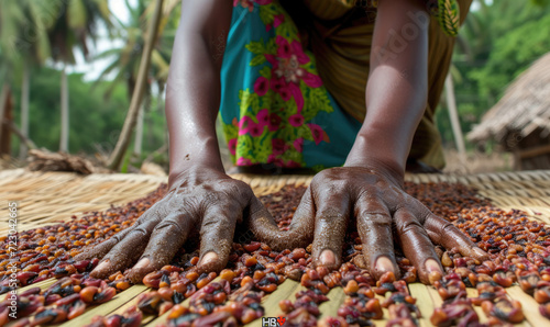 Hands of African Woman Spreading a Clove to dry on the thatched mat at Pemba island, Zanzibar, Tanzania