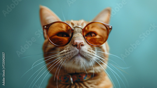 Playful Ginger Cat Wearing Sunglasses on Light Green Background: Photography Capturing Charm and Humor of Feline Friend © SithCreations