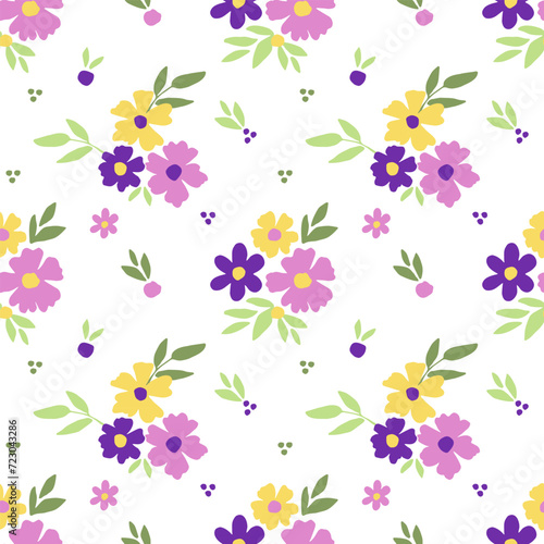 Simple delicate floral vector seamless pattern. Small wild flowers, leaves on a white background. For fabric prints, textiles, clothes.