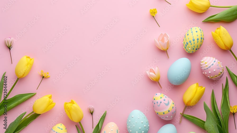 Vibrant Easter eggs separated against a soft pink backdrop featuring tulip blossoms.