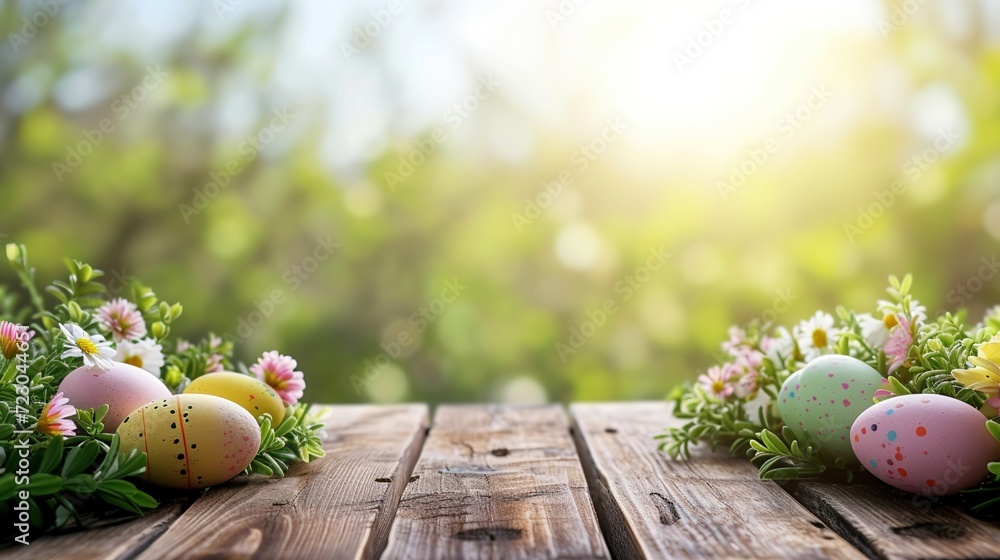beautiful Easter background on a wooden product display. - obrazy, fototapety, plakaty 