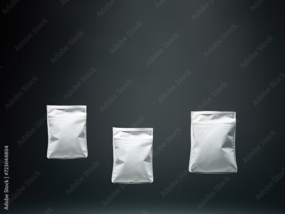 Three white ziplock bags floating in the air on a black background. Packaging mockup for tea, coffee, dried fruits or nuts. Three white ziplock bags floating in the air on a black background. Packaging mockup for tea, coffee, dried fruits or nuts.
