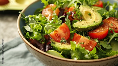 A vibrant salad bowl filled with mixed greens, tomatoes, and avocados