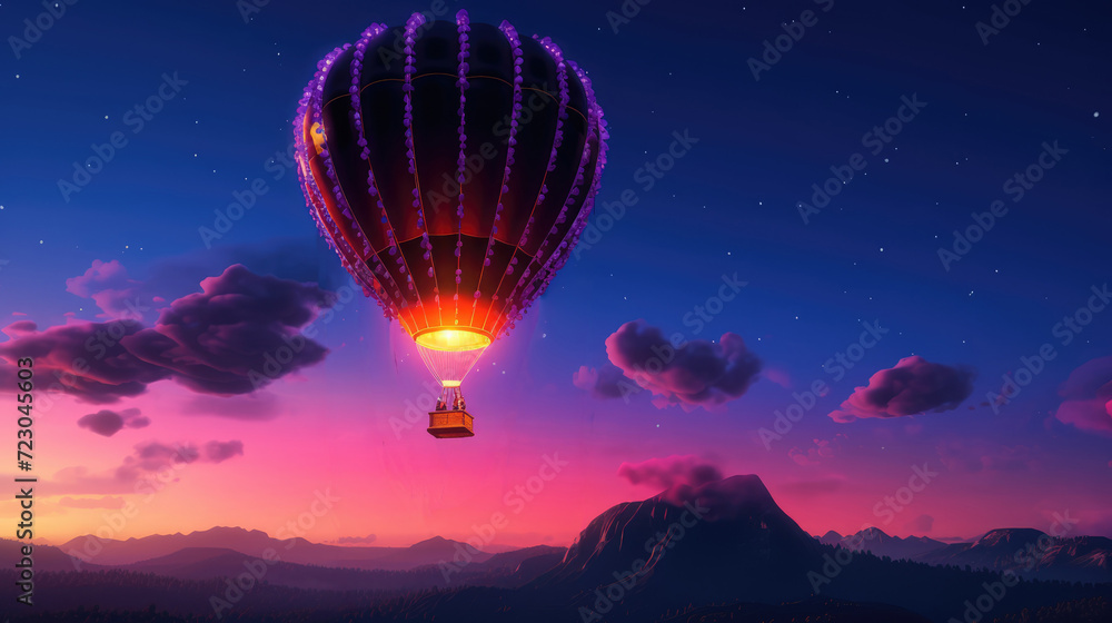 Fototapeta premium A hot air balloon flies in the mountains in the evening with neon lighting