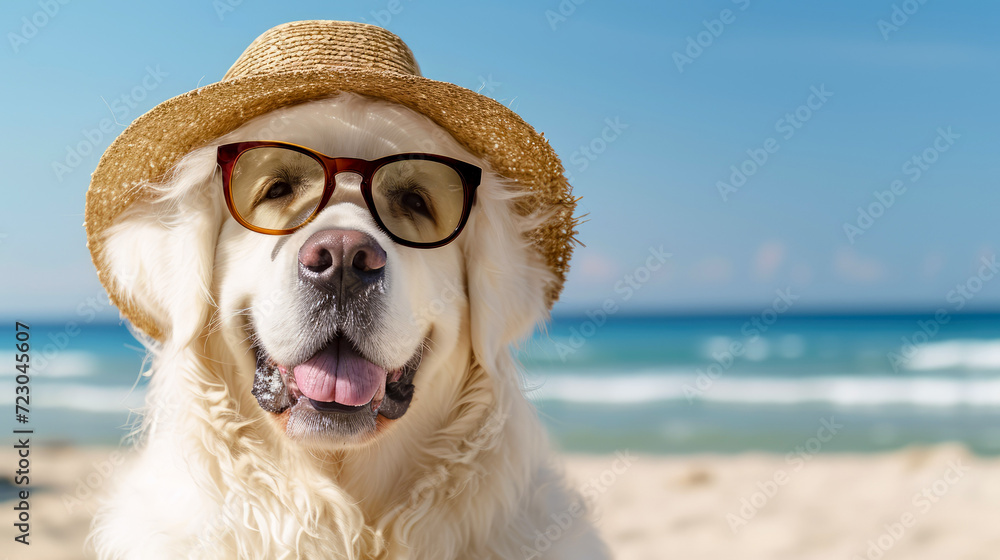 Fluffy big dog in a straw hat resting on the beach