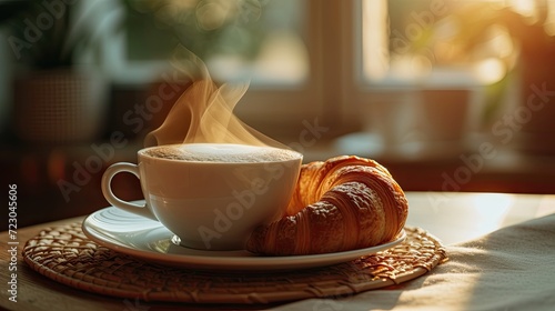 Steaming hot cup of coffee paired with a freshly baked croissant