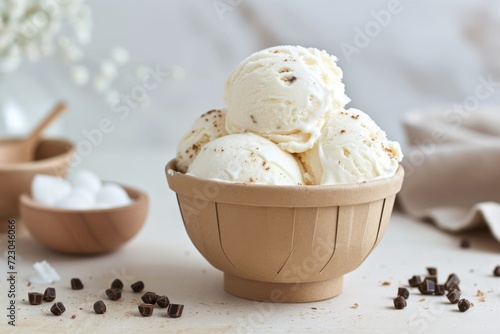 Vanilla ice cream scoops in a biodegradable bowl with chocolate chips.