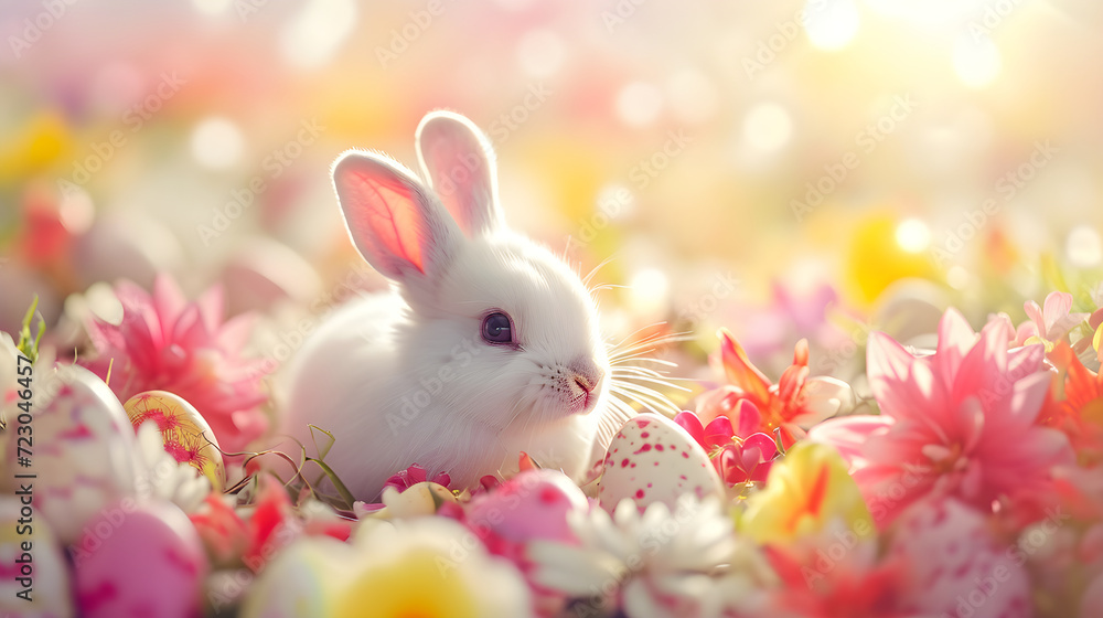 Cute Easter card with bunny in the flowers in pink colors