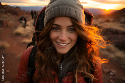 Beautiful young woman hiker in mountains at sunset, closeup