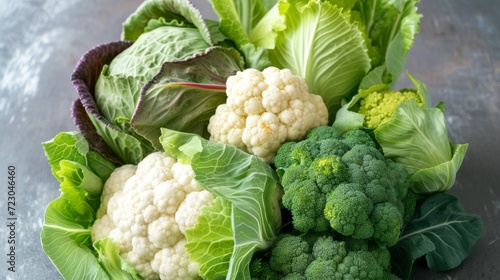 An assortment of green vegetables, featuring broccoli, cauliflower, and lettuce, organic farming and green eating