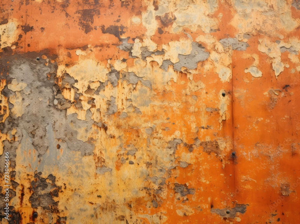 An old metal surface covered in peeling paint layers, showcasing the effects of rust and decay.