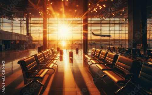 Airport departure hall with empty waiting seats. Plane at sunrise background. Travel and transportation concept