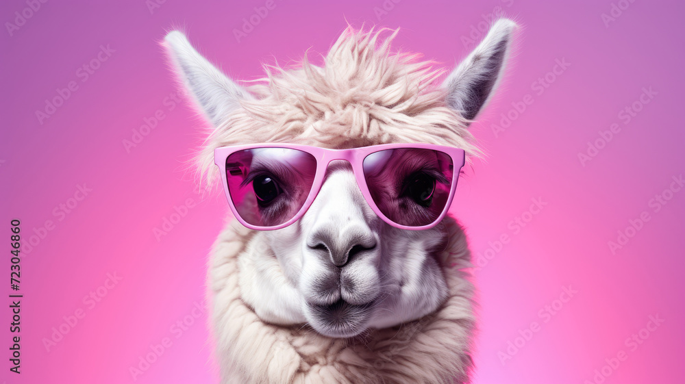 A llama wearing pink sunglasses poses against a vibrant pink background.