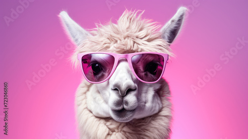 A llama wearing pink sunglasses poses against a vibrant pink background.