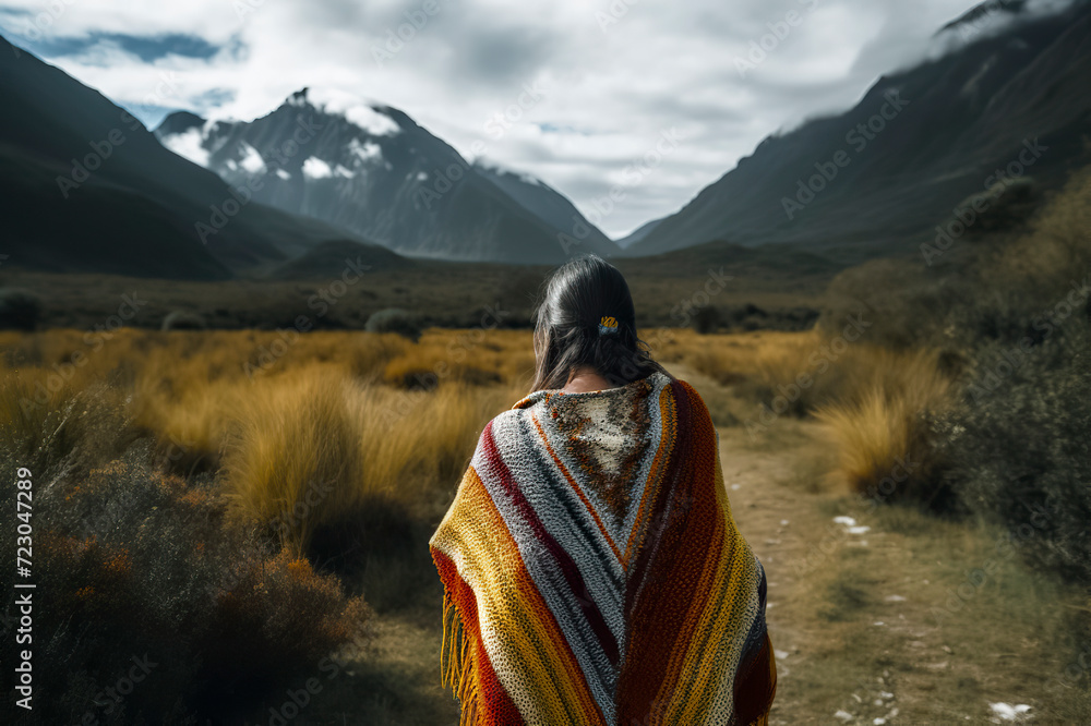 A person in a colorful blanket stands amidst grass, facing towering, snow-capped mountains under a cloudy sky, ai generative