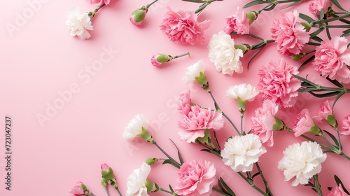 Carnation blooms in pink and white on a pink backdrop. © Wp Background